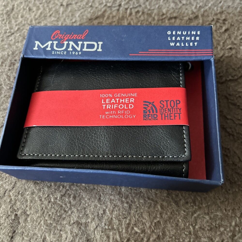 Mundi RFID Trifold Wallet Napa Leather Black Mens Credit Card ID Holder